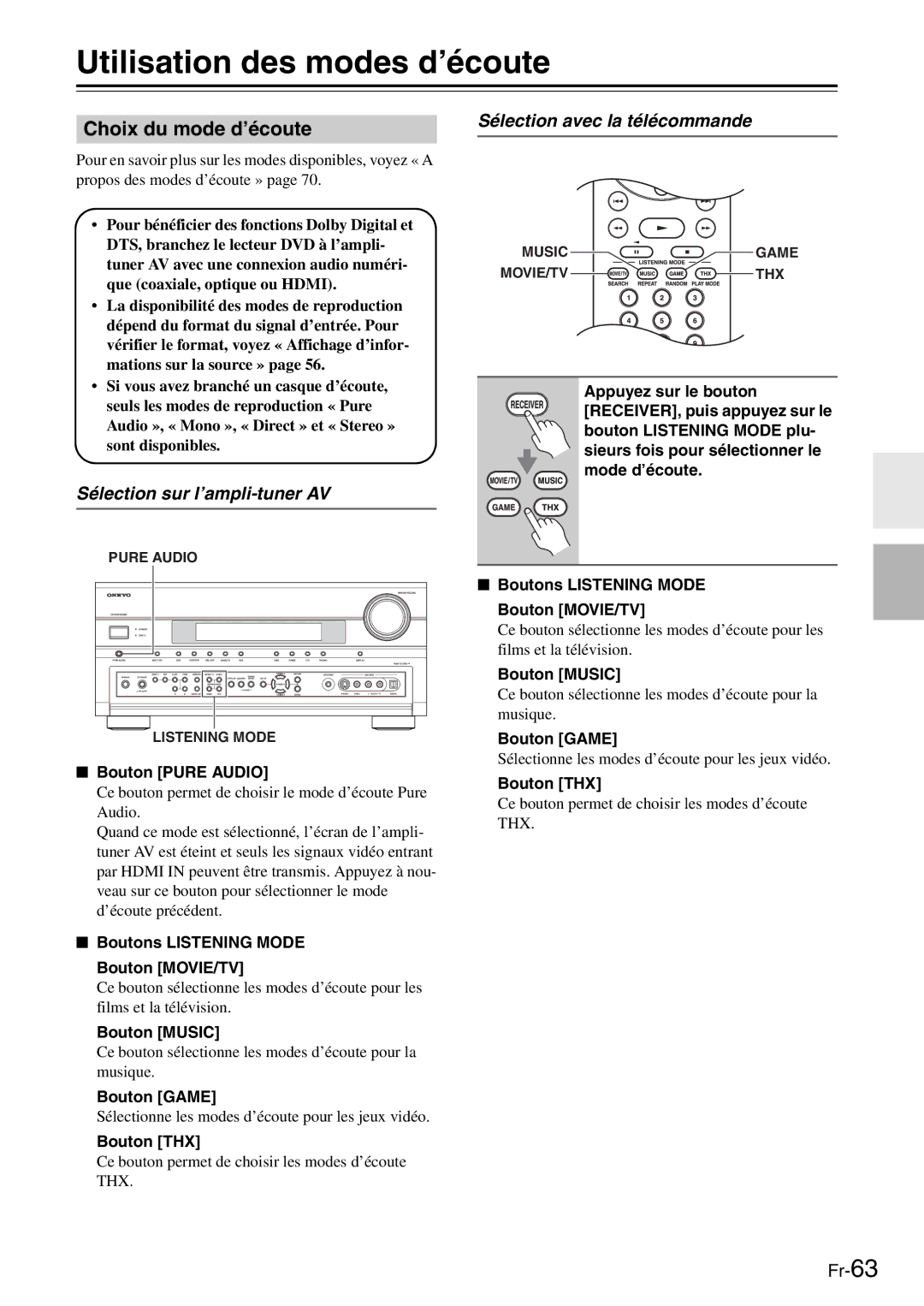 Onkyo AV Reciever manual Utilisation des modes d’écoute, Choix du mode d’écoute, Sélection sur l’ampli-tuner AV 