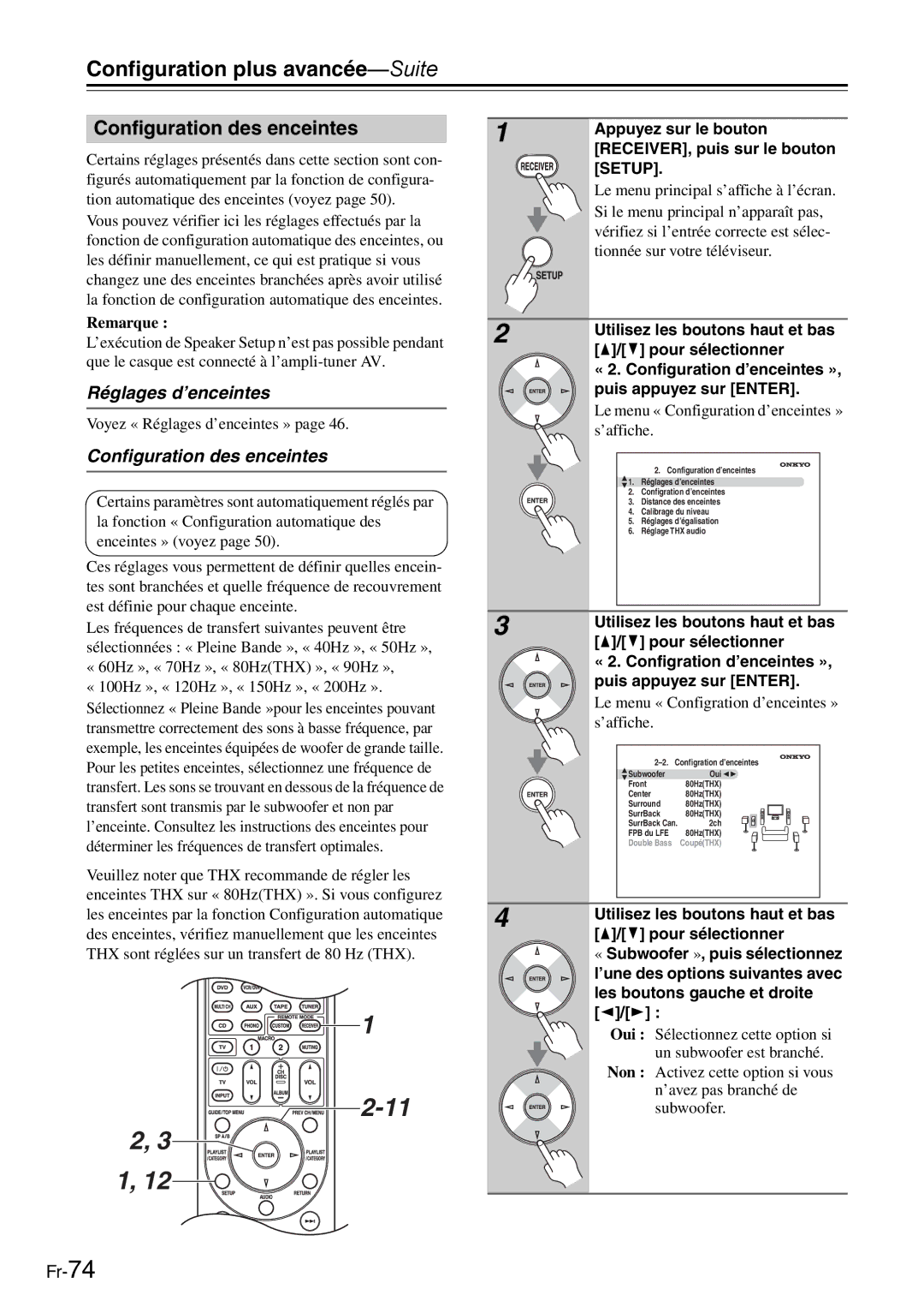 Onkyo AV Reciever manual Configuration plus avancée-Suite, Configuration des enceintes, Réglages d’enceintes 