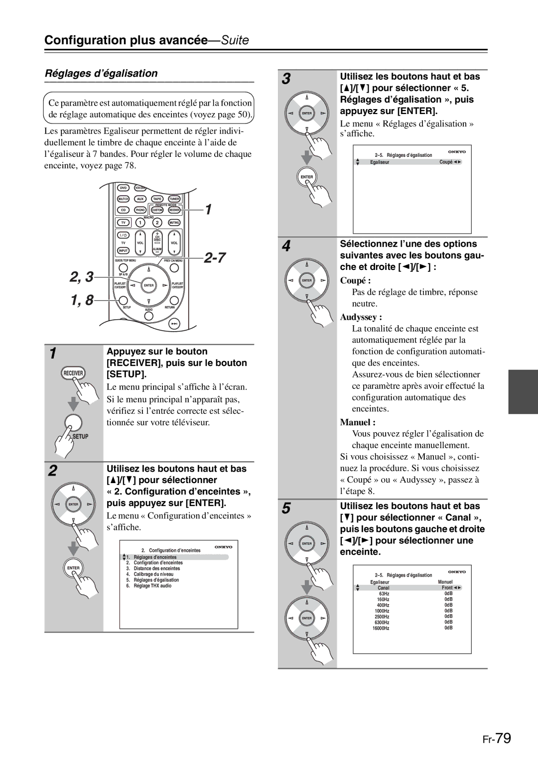 Onkyo AV Reciever manual Réglages d’égalisation, Coupé, Audyssey, Manuel 