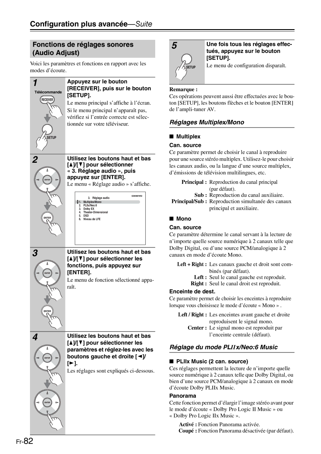 Onkyo AV Reciever Fonctions de réglages sonores Audio Adjust, Réglages Multiplex/Mono, Réglage du mode PLIIx/Neo6 Music 