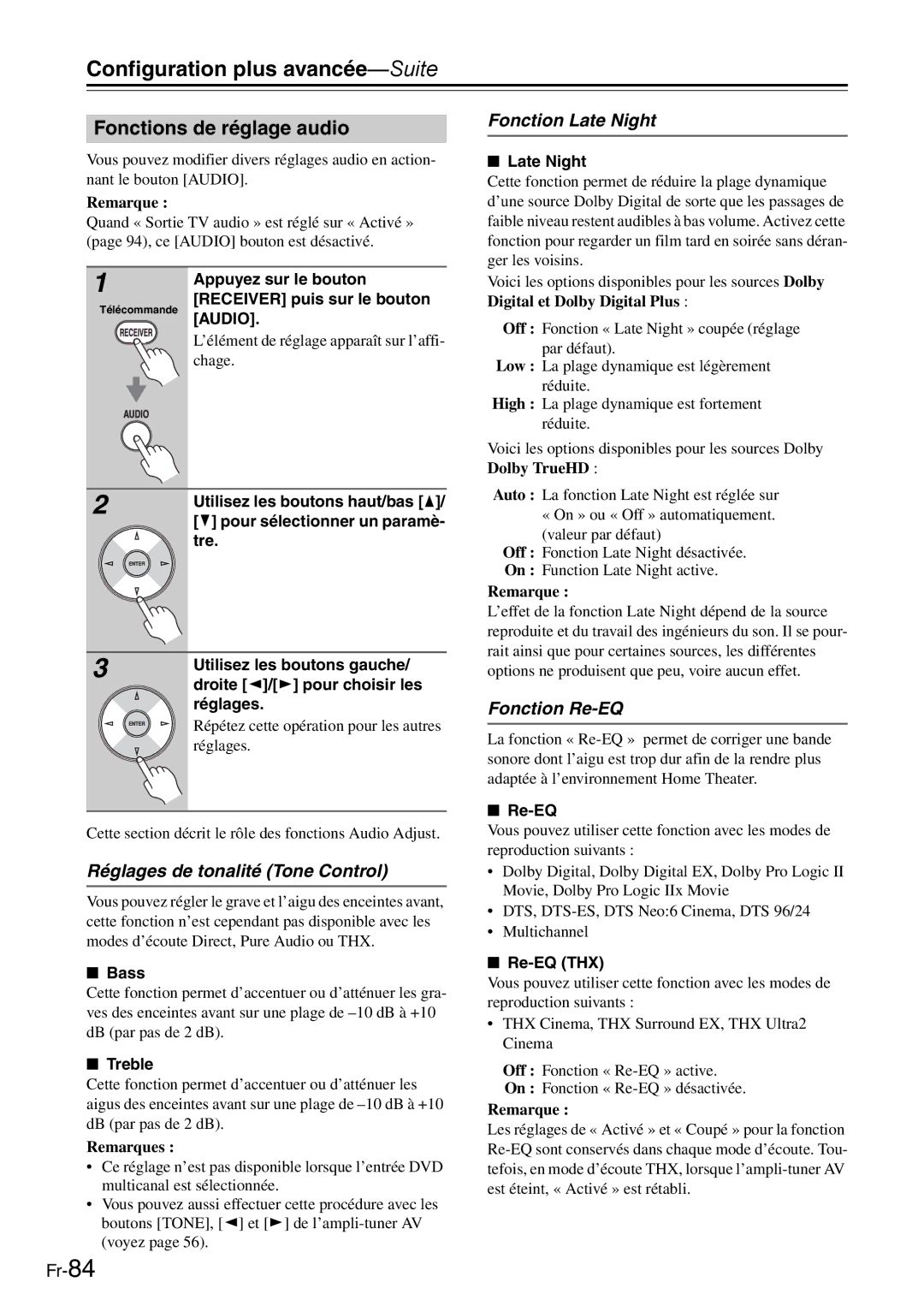 Onkyo AV Reciever manual Fonctions de réglage audio, Réglages de tonalité Tone Control, Fonction Late Night, Fonction Re-EQ 