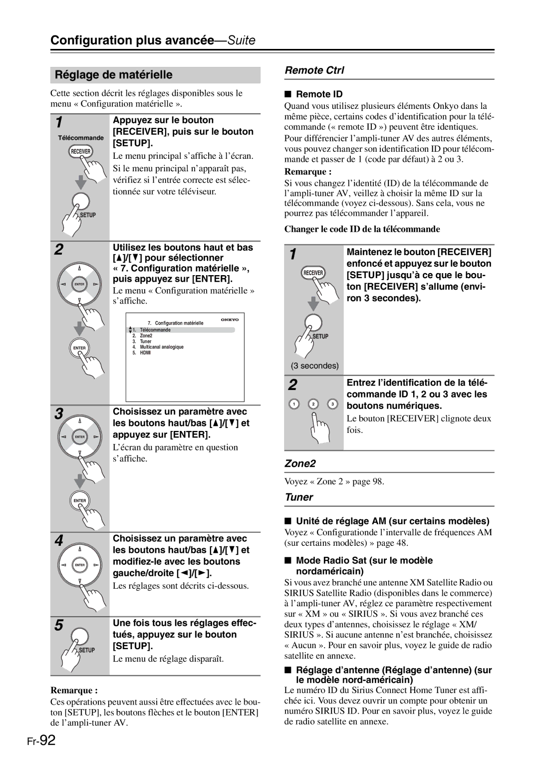 Onkyo AV Reciever manual Réglage de matérielle, Remote Ctrl, Zone2, Tuner 