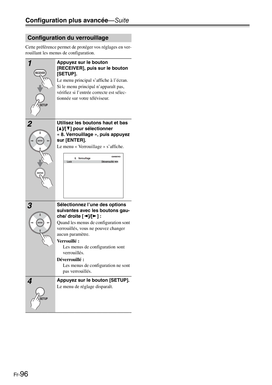 Onkyo AV Reciever manual Configuration du verrouillage, Verrouillé, Déverrouillé 