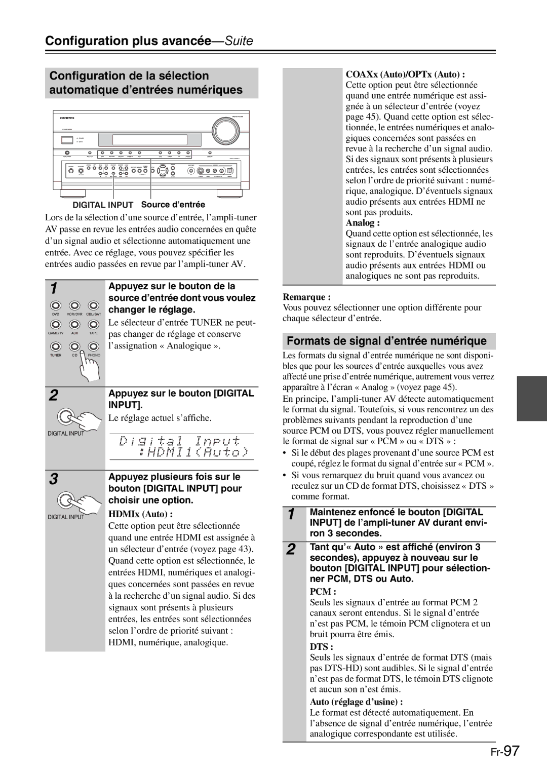 Onkyo AV Reciever manual Formats de signal d’entrée numérique, Input 