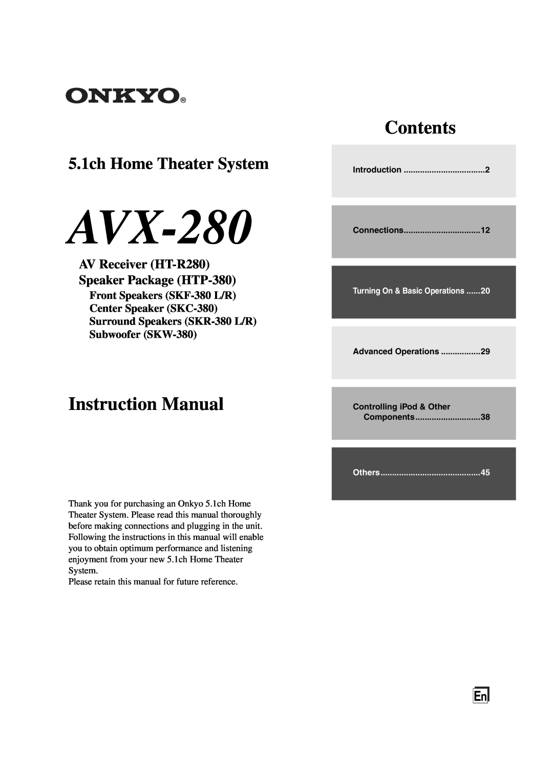 Onkyo AVX-280 instruction manual Front Speakers SKF-380L/R Center Speaker SKC-380, Contents, 5.1ch Home Theater System 