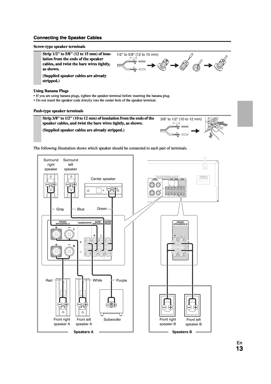 Onkyo AVX-280 instruction manual Connecting the Speaker Cables, Screw-typespeaker terminals 