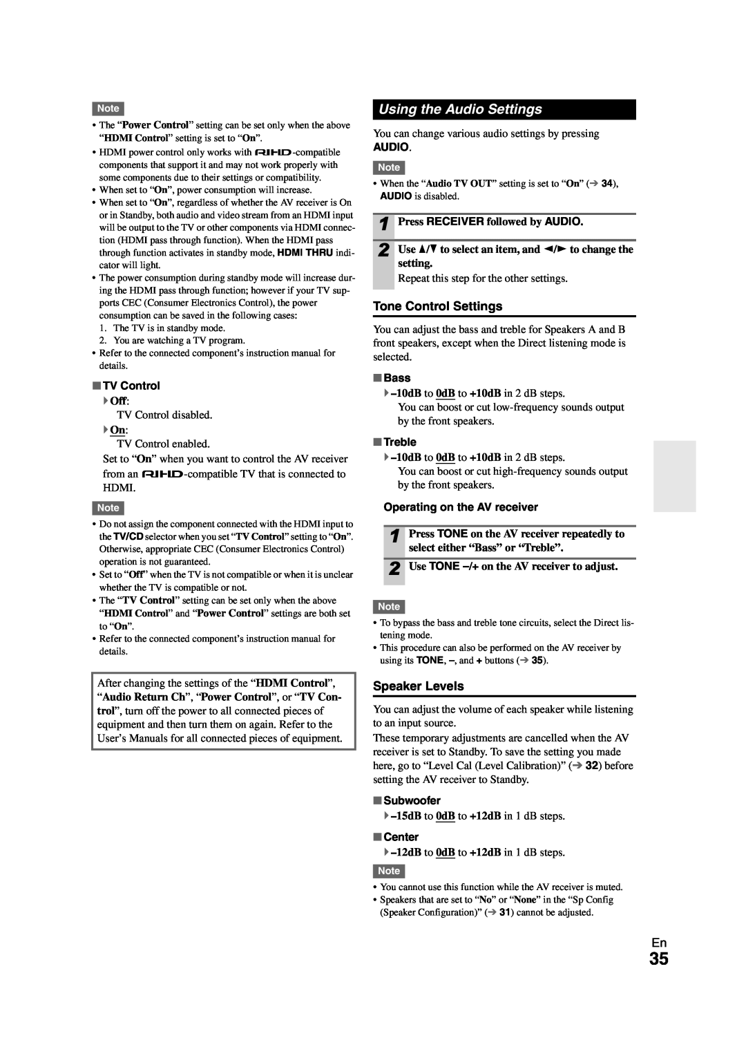 Onkyo AVX-280 instruction manual Using the Audio Settings, Tone Control Settings, Speaker Levels 