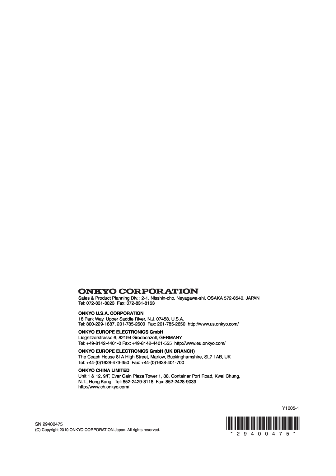 Onkyo AVX-280 instruction manual Onkyo U.S.A. Corporation, ONKYO EUROPE ELECTRONICS GmbH UK BRANCH, Onkyo China Limited 