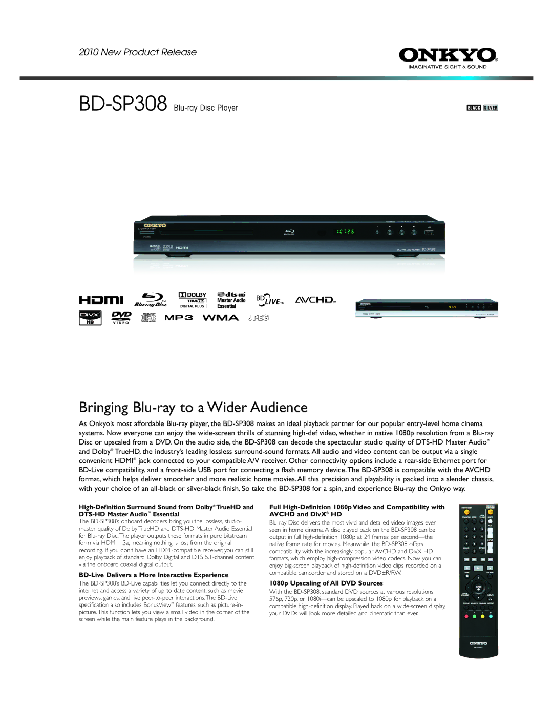 Onkyo BD-SP308 manual BD-Live Delivers a More Interactive Experience, 1080p Upscaling of All DVD Sources 