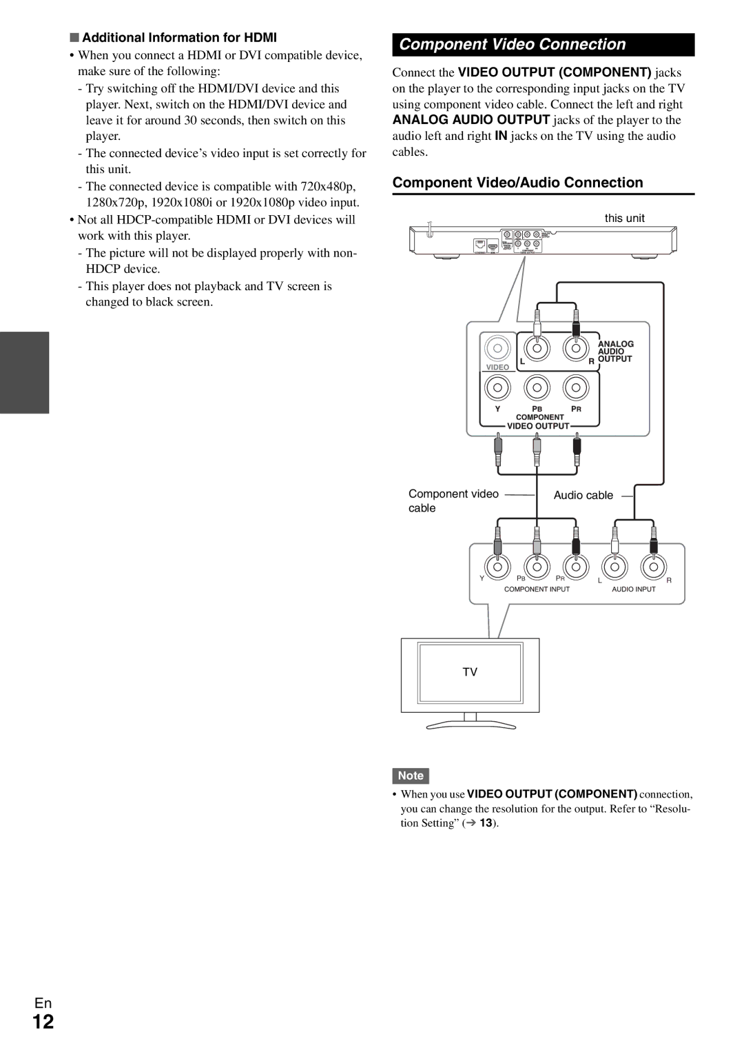 Onkyo BD-SP308 Component Video Connection, Component Video/Audio Connection, Additional Information for Hdmi 