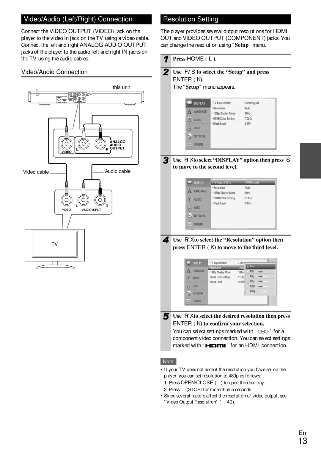 Onkyo BD-SP308 instruction manual Video/Audio Left/Right Connection, Resolution Setting, Video/Audio Connection, Enter j 