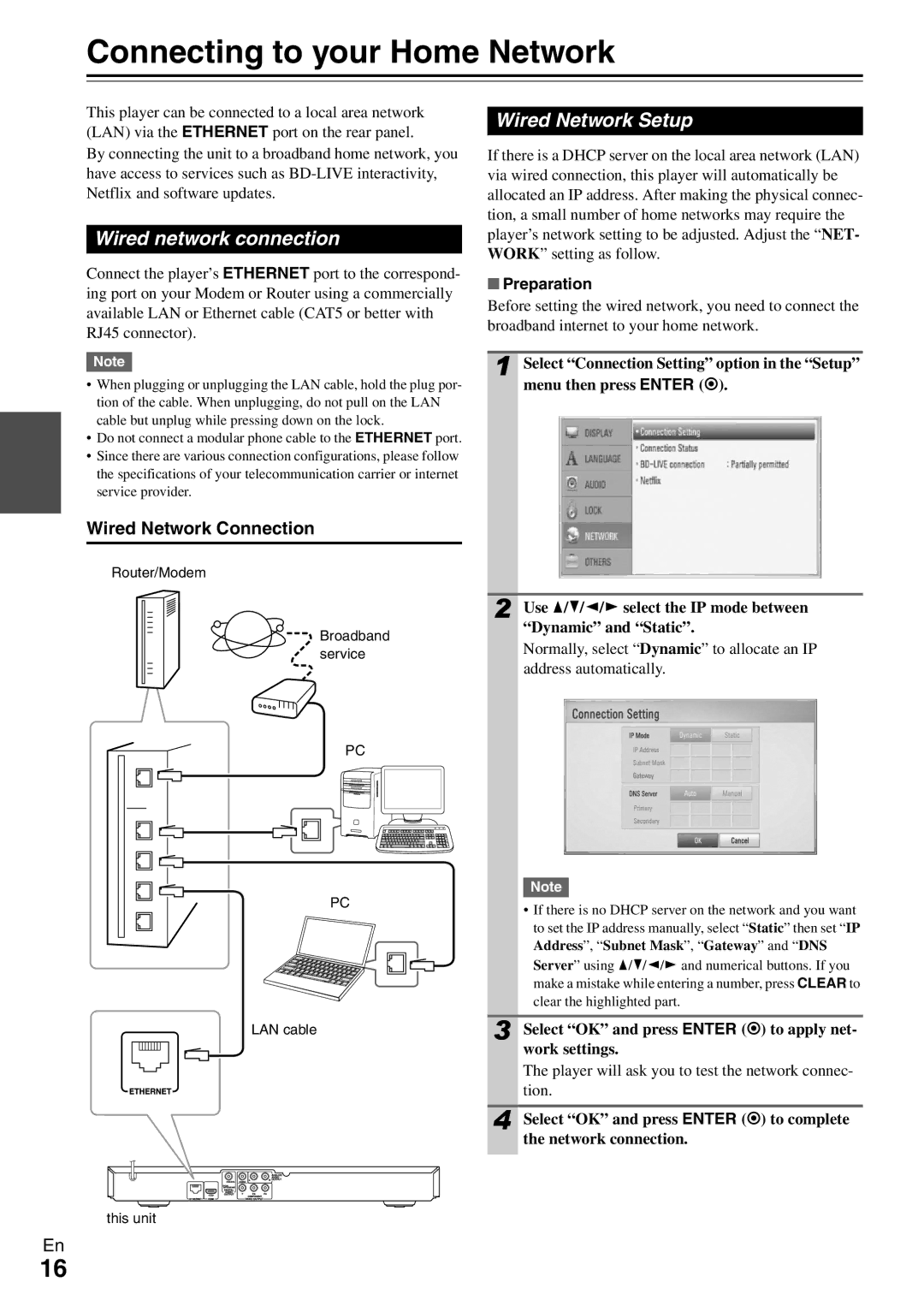 Onkyo BD-SP308 Connecting to your Home Network, Wired network connection, Wired Network Setup, Wired Network Connection 