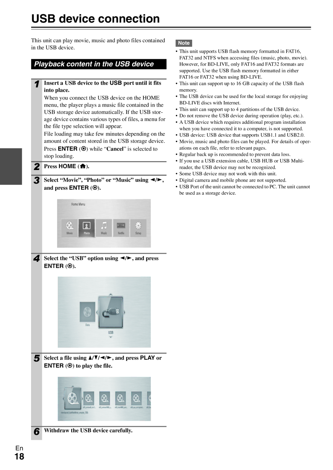 Onkyo BD-SP308 instruction manual USB device connection, Playback content in the USB device 