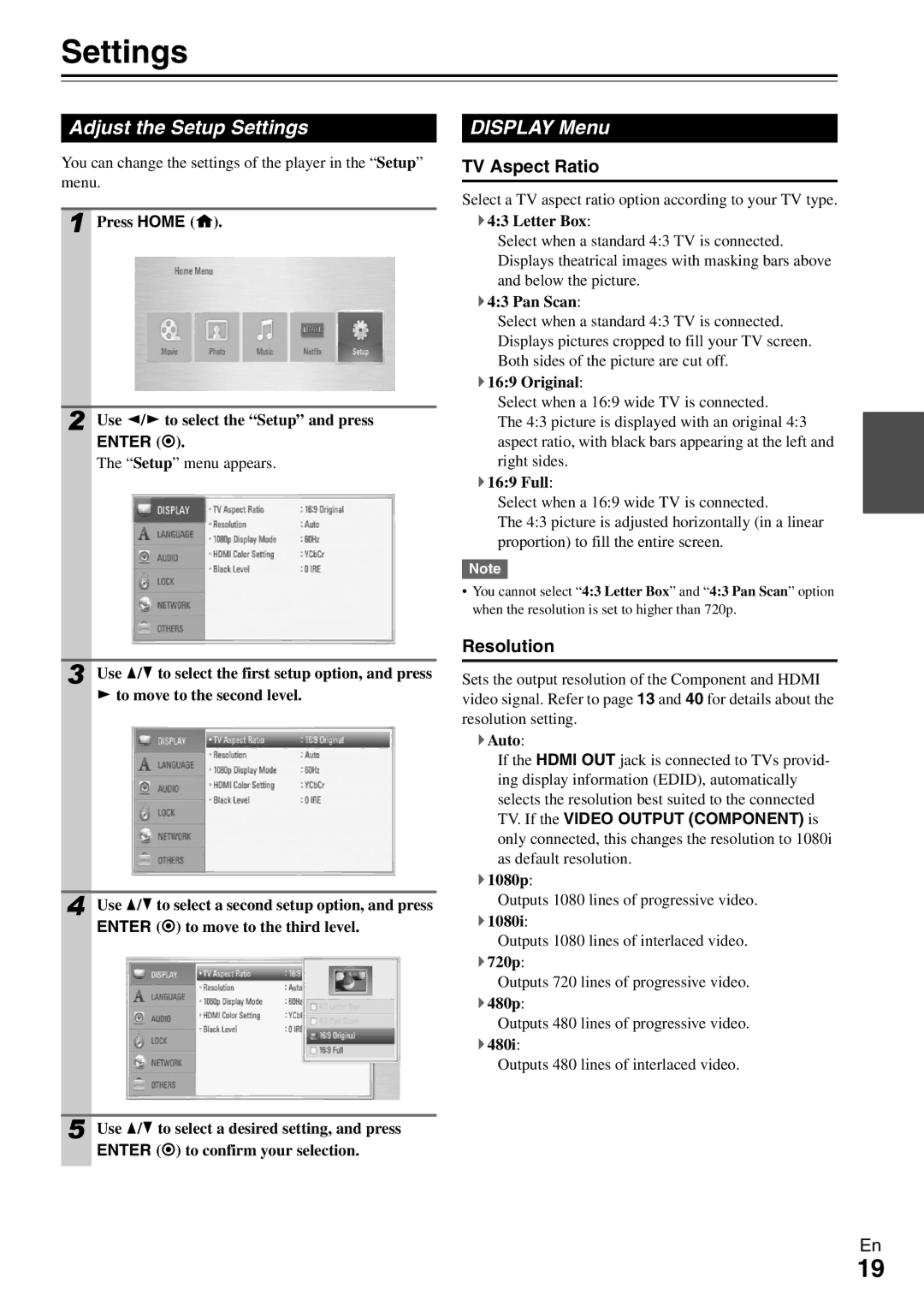 Onkyo BD-SP308 instruction manual Adjust the Setup Settings, Display Menu, TV Aspect Ratio, Resolution 