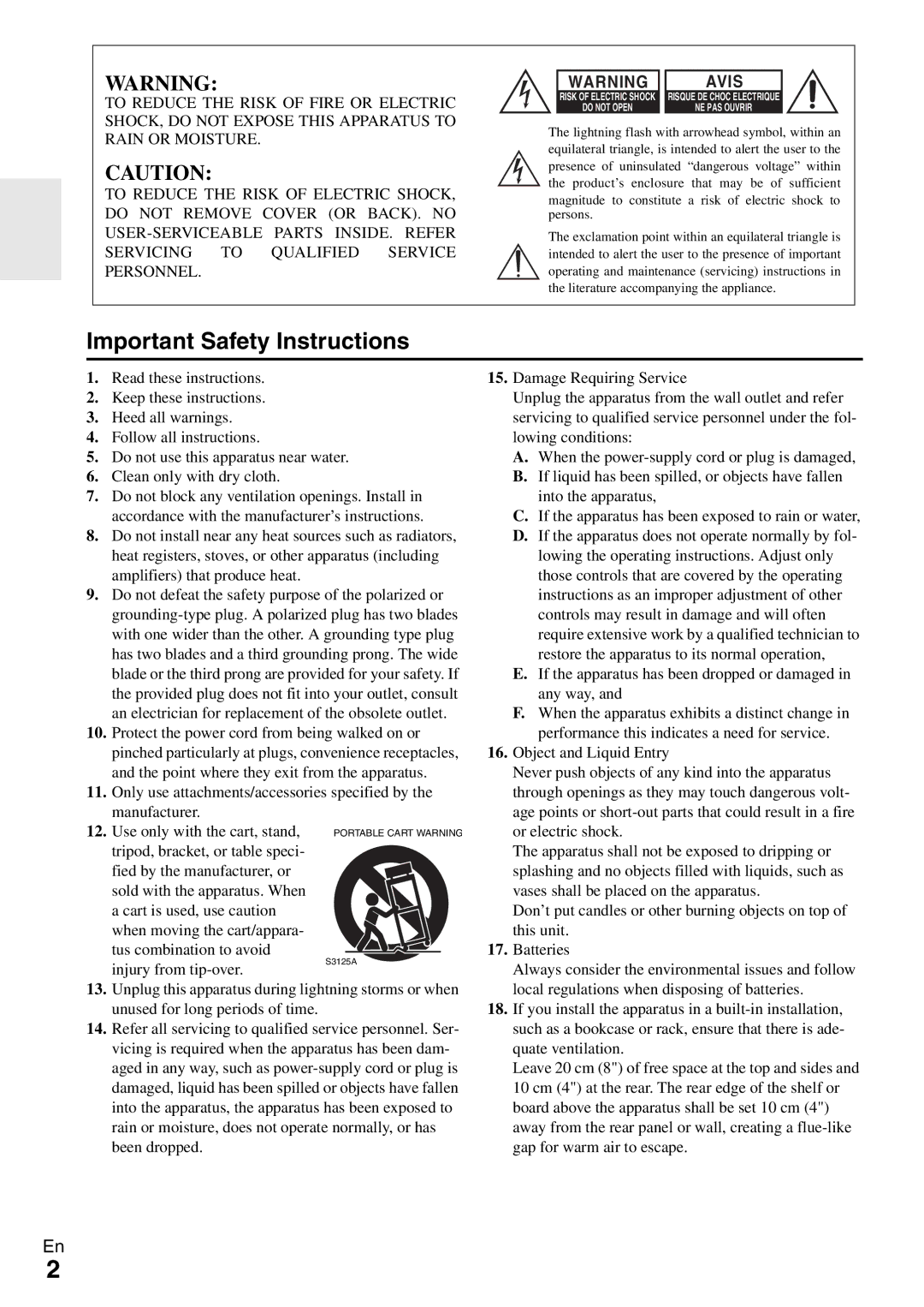 Onkyo BD-SP308 instruction manual Important Safety Instructions 