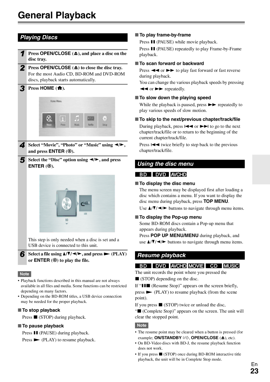 Onkyo BD-SP308 instruction manual General Playback, Playing Discs, Using the disc menu, Resume playback 