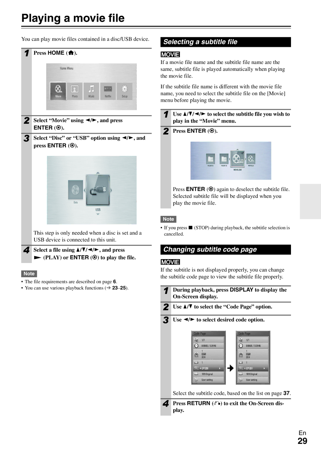 Onkyo BD-SP308 instruction manual Playing a movie file, Selecting a subtitle file, Changing subtitle code 