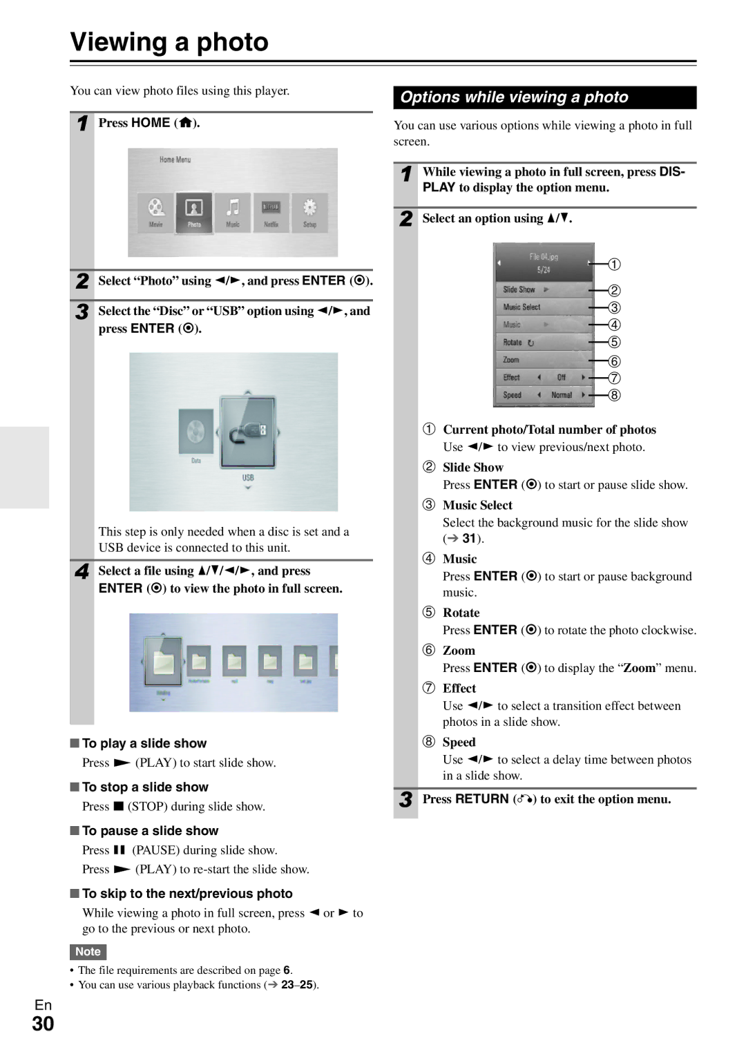 Onkyo BD-SP308 instruction manual Viewing a photo, Options while viewing a photo 