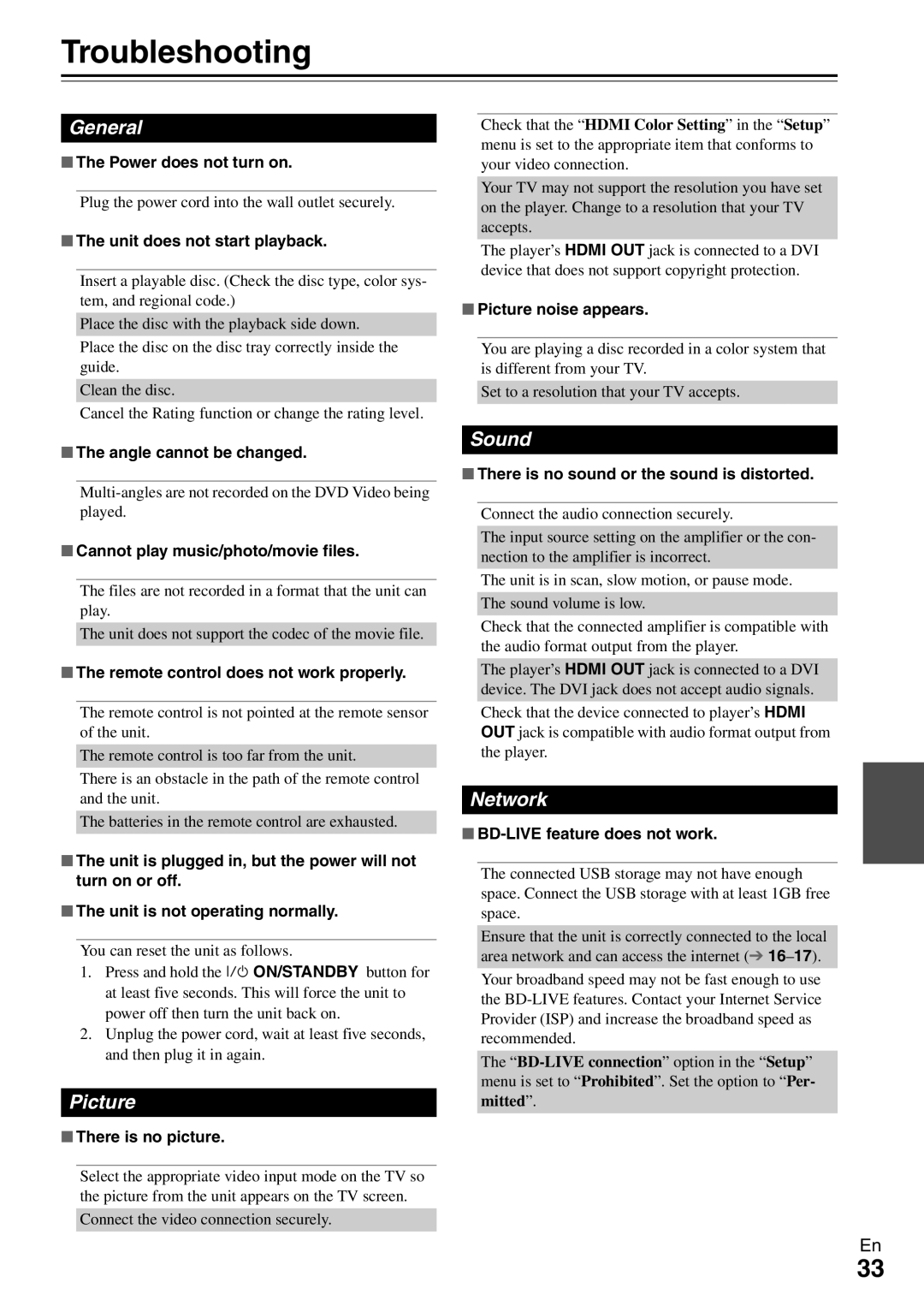 Onkyo BD-SP308 instruction manual Troubleshooting, General, Picture, Sound, Network 