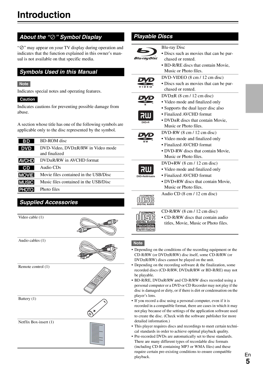 Onkyo BD-SP308 Introduction, About the a Symbol Display, Symbols Used in this Manual, Supplied Accessories, Playable Discs 