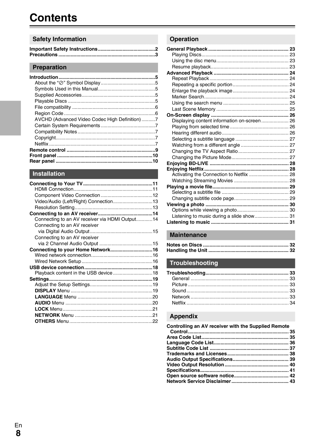 Onkyo BD-SP308 instruction manual Contents 