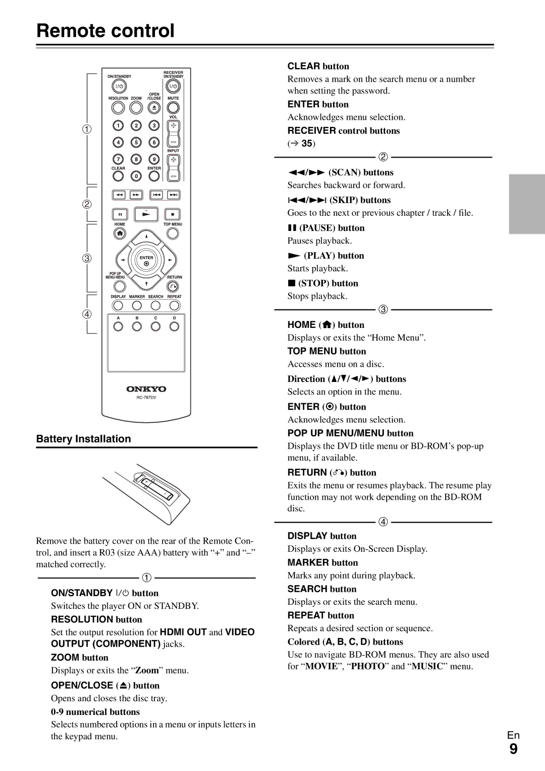 Onkyo BD-SP308 instruction manual Remote control, Battery Installation 