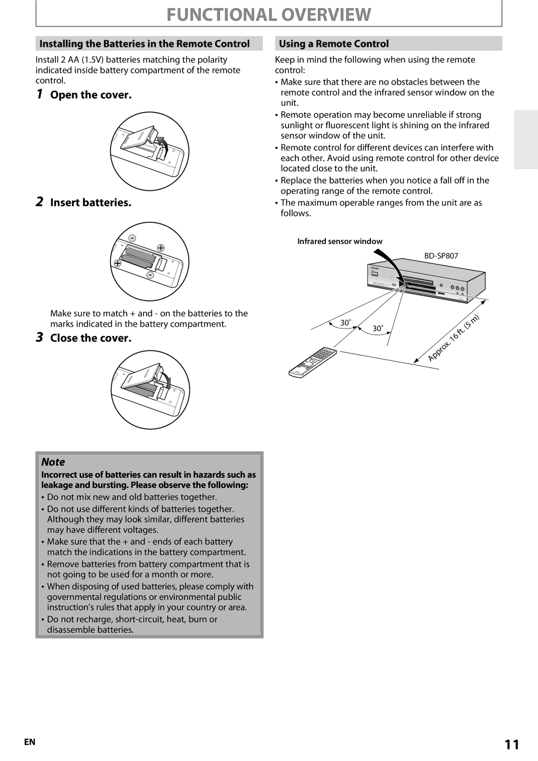 Onkyo BD-SP807 Open the cover Insert batteries, Close the cover, Installing the Batteries in the Remote Control 