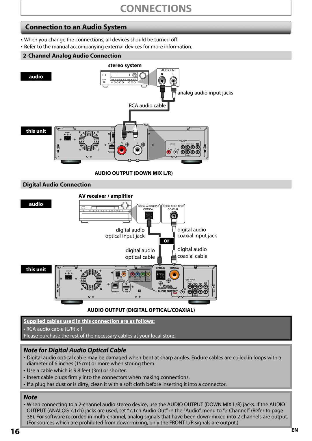 Onkyo BD-SP807 instruction manual Connection to an Audio System, Channel Analog Audio Connection, Digital Audio Connection 