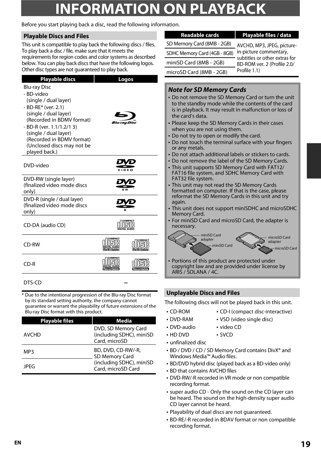 Onkyo BD-SP807 instruction manual Information on Playback, Playable Discs and Files, Unplayable Discs and Files 