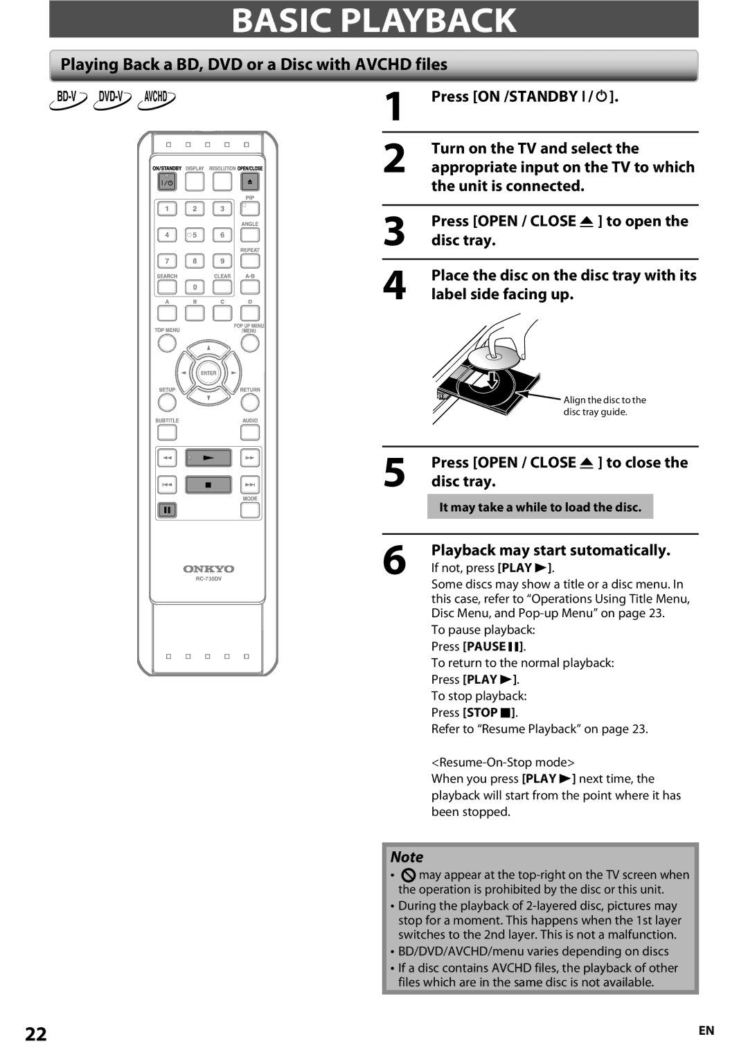 Onkyo BD-SP807 instruction manual Basic Playback, Playing Back a BD, DVD or a Disc with Avchd files 