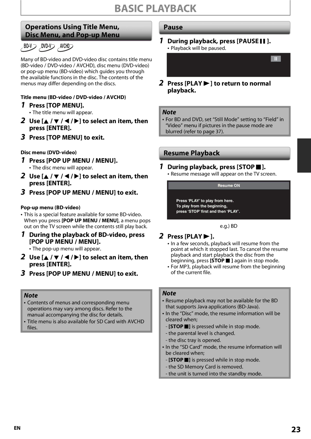 Onkyo BD-SP807 Basic Playback, Operations Using Title Menu Disc Menu, and Pop-up Menu, Pause, Resume Playback 