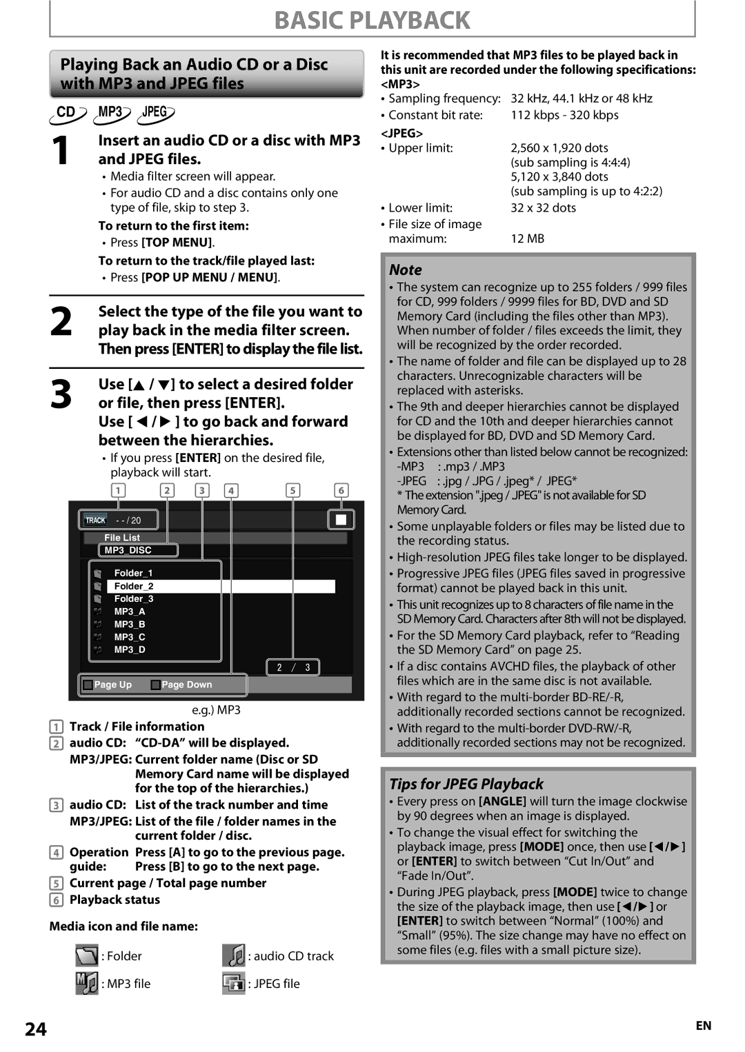 Onkyo BD-SP807 instruction manual Playing Back an Audio CD or a Disc with MP3 and Jpeg files, Or file, then press Enter 