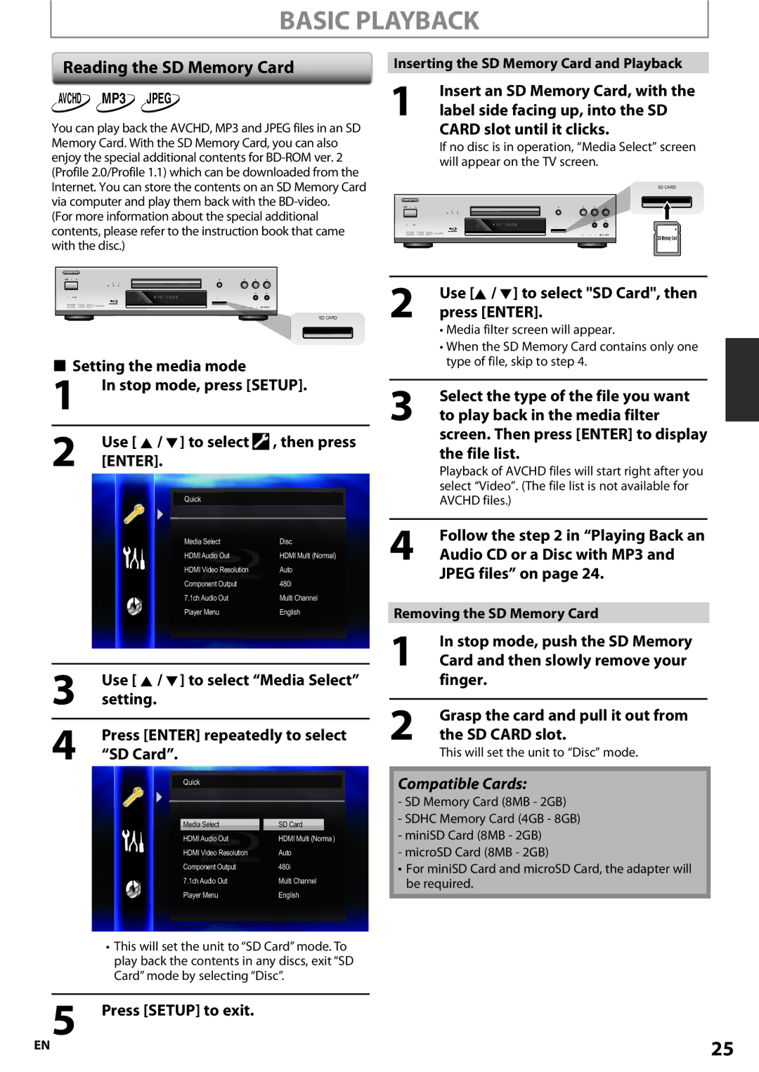 Onkyo BD-SP807 instruction manual Reading the SD Memory Card 