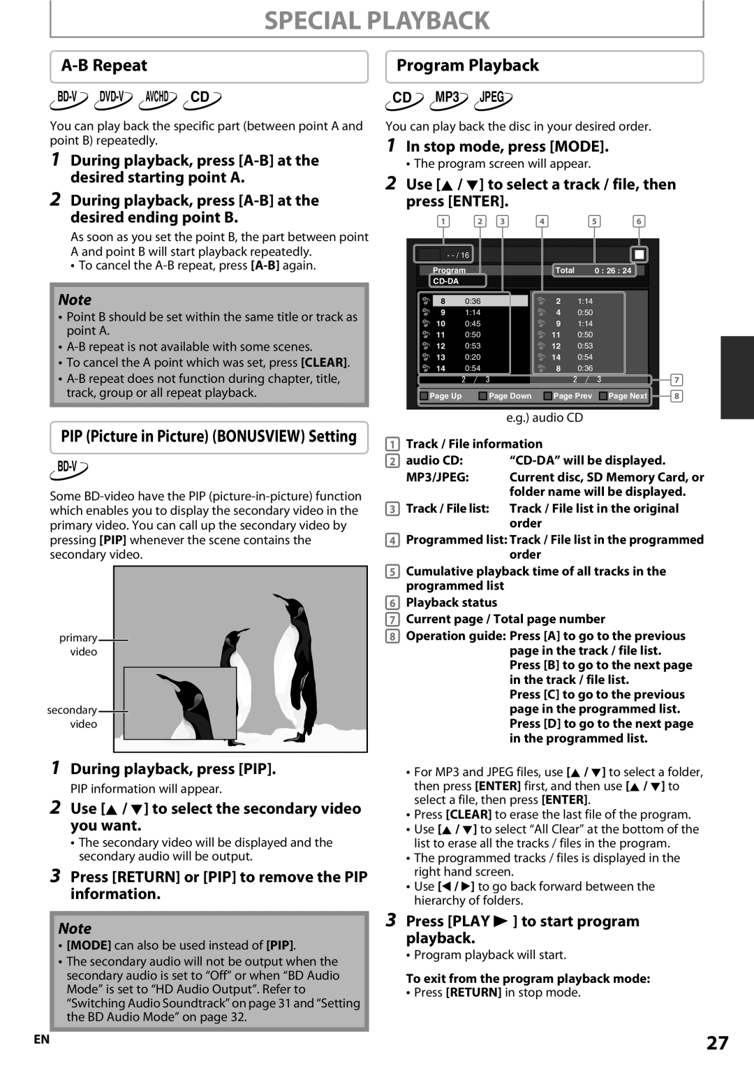 Onkyo BD-SP807 instruction manual Special Playback, Repeat, Program Playback 