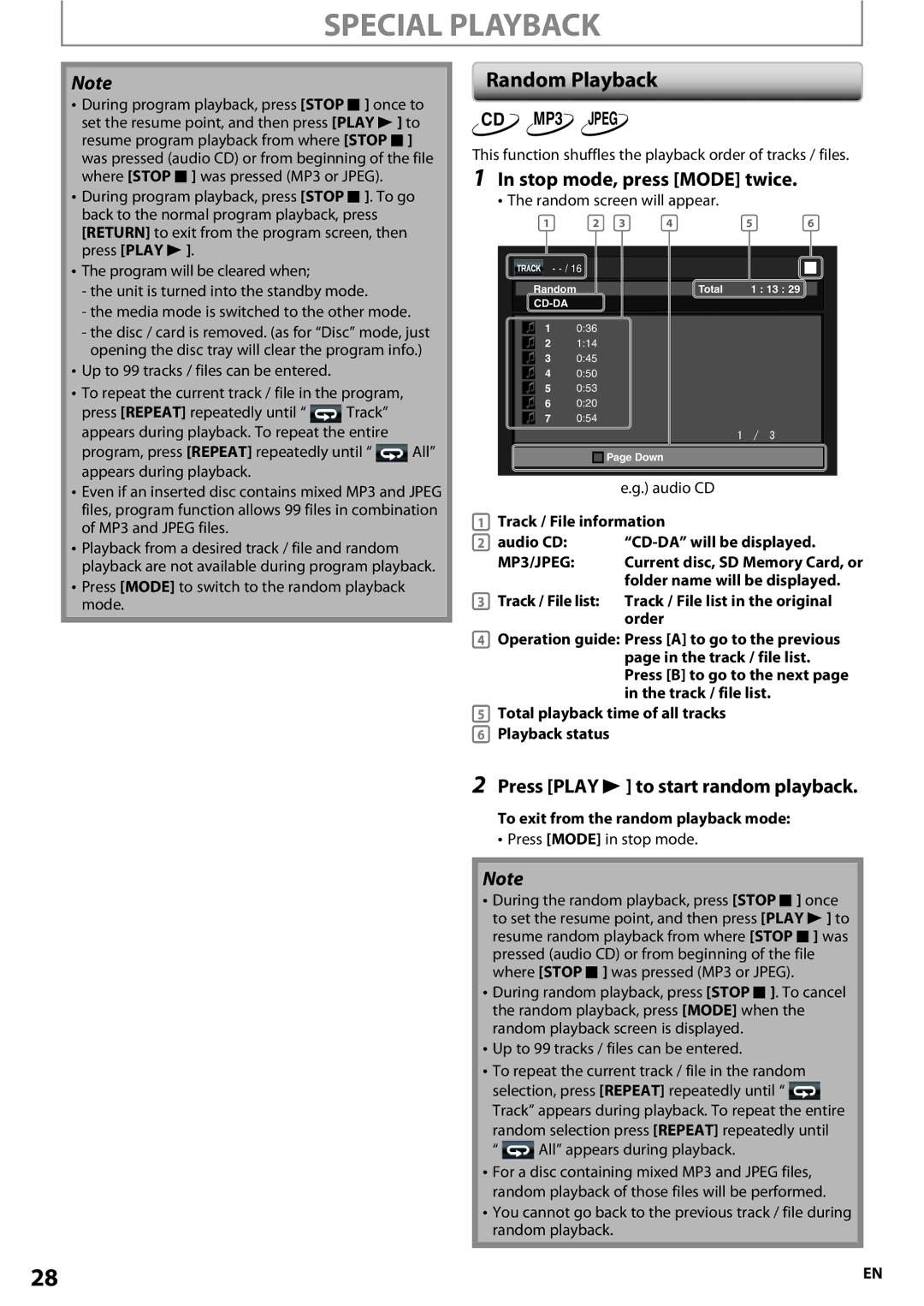 Onkyo BD-SP807 instruction manual Random Playback, Stop mode, press Mode twice, Press Play B to start random playback 