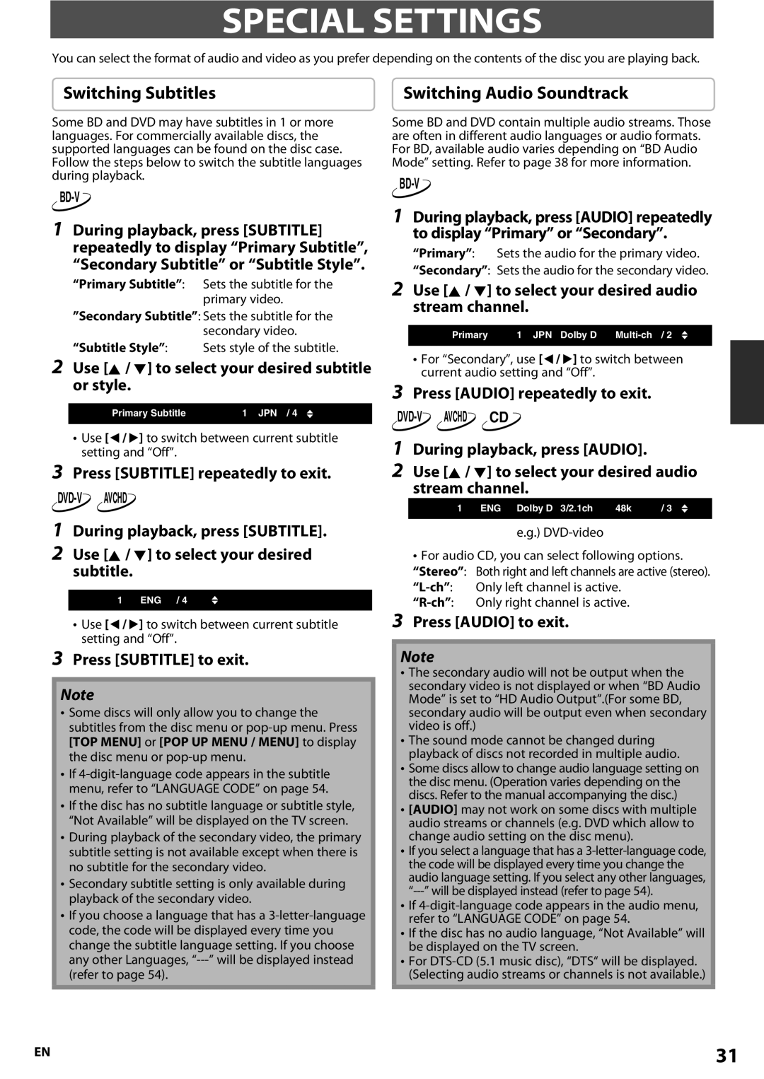 Onkyo BD-SP807 instruction manual Special Settings, Switching Subtitles, Switching Audio Soundtrack 