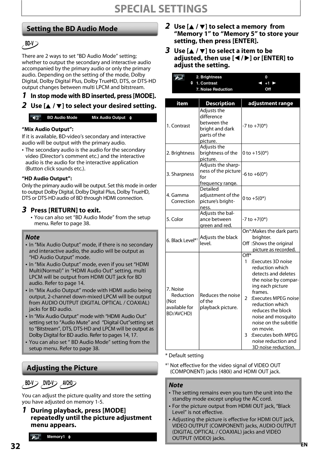 Onkyo BD-SP807 instruction manual Special Settings, Setting the BD Audio Mode, Adjusting the Picture, Press Return to exit 