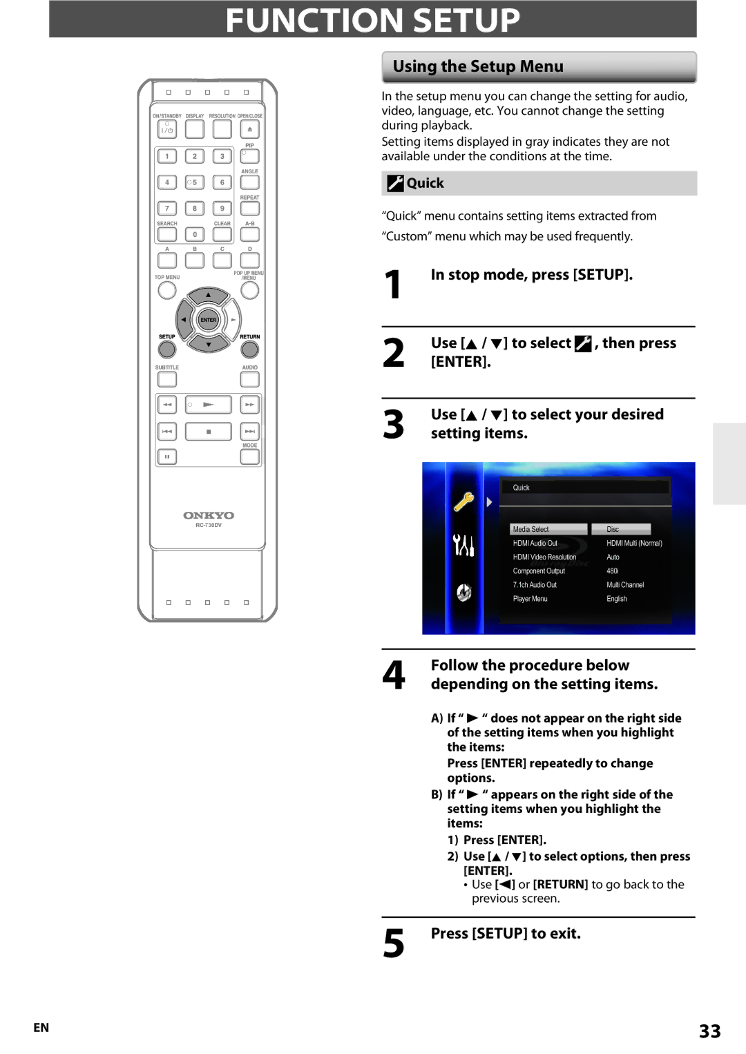 Onkyo BD-SP807 Function Setup, Using the Setup Menu, Quick, Use s or Return to go back to the previous screen 