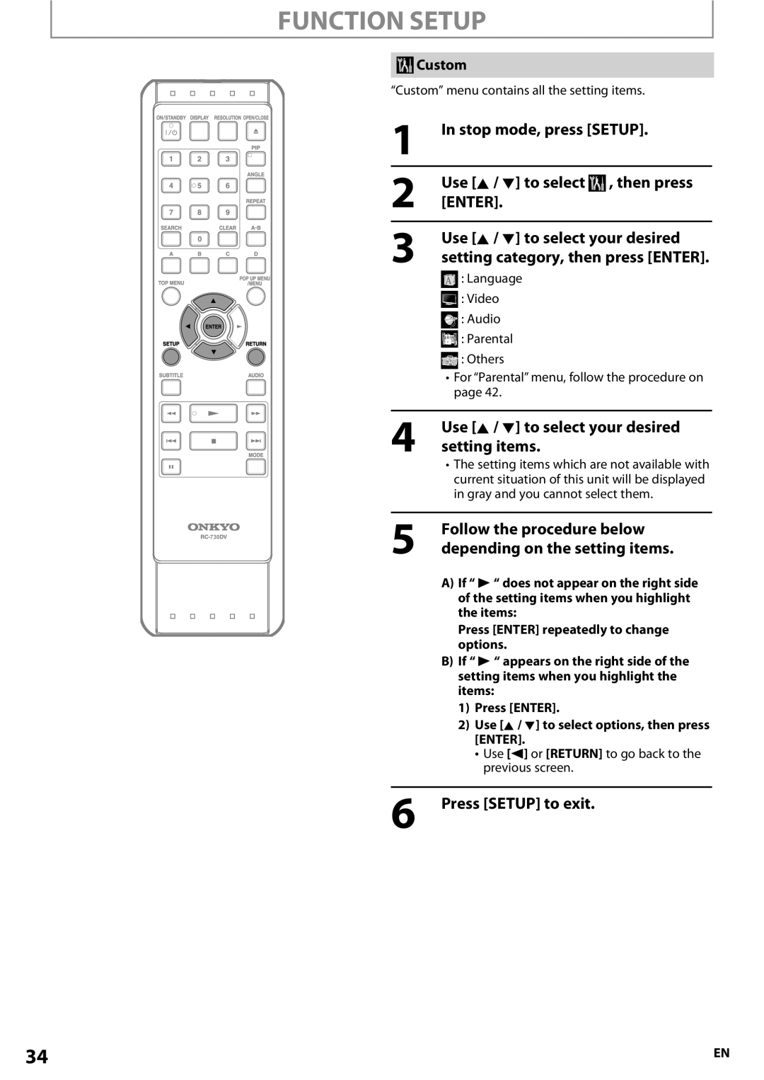 Onkyo BD-SP807 Function Setup, Stop mode, press Setup Use K / L to select , then press, Use K / L to select your desired 