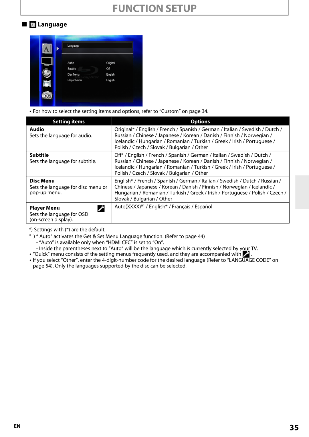 Onkyo BD-SP807 instruction manual Language, Setting items Options, Subtitle, Disc Menu, Player Menu 