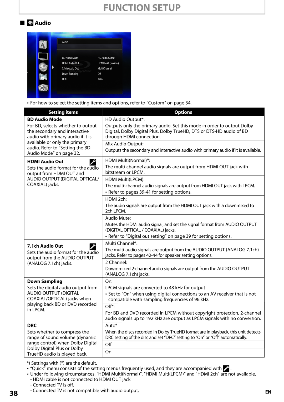 Onkyo BD-SP807 instruction manual Audio, Drc 