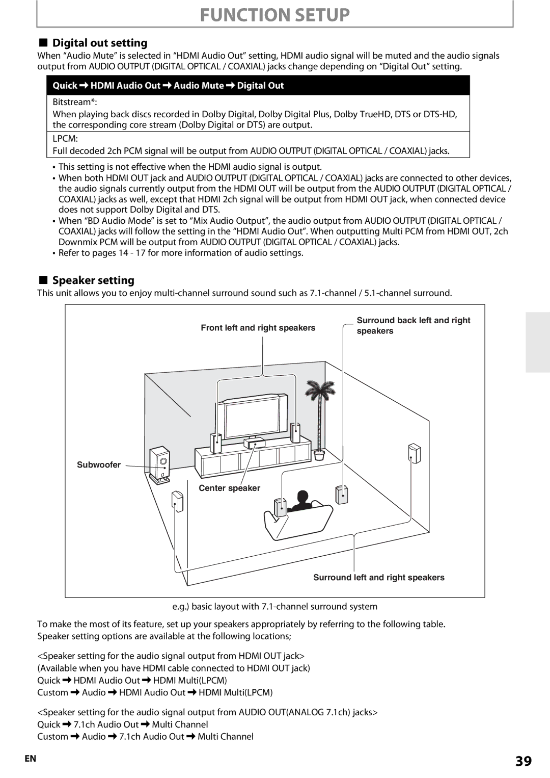 Onkyo BD-SP807 instruction manual Digital out setting, Speaker setting, Quick Hdmi Audio Out Audio Mute Digital Out 