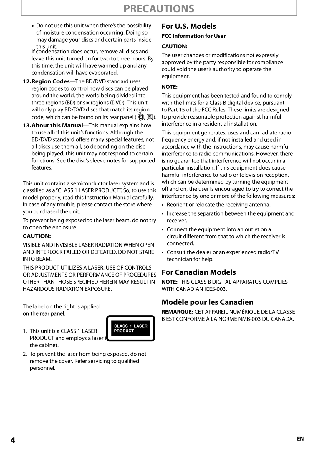 Onkyo BD-SP807 Precautions, For U.S. Models, For Canadian Models Modèle pour les Canadien, FCC Information for User 