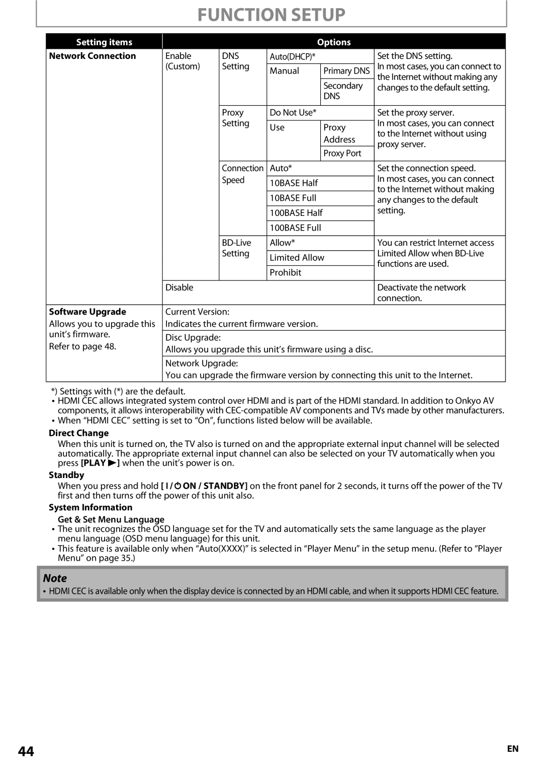 Onkyo BD-SP807 instruction manual Software Upgrade, Direct Change, Standby, System Information Get & Set Menu Language 