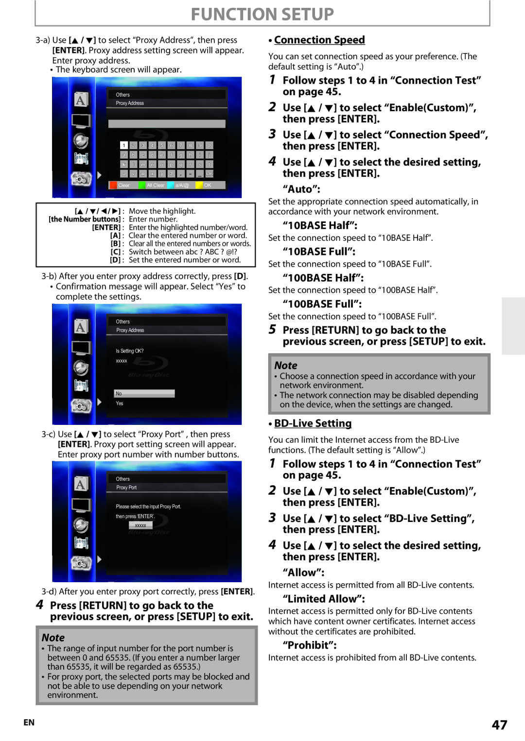 Onkyo BD-SP807 Connection Speed, 10BASE Half, 10BASE Full, 100BASE Half, 100BASE Full, BD-Live Setting, Limited Allow 