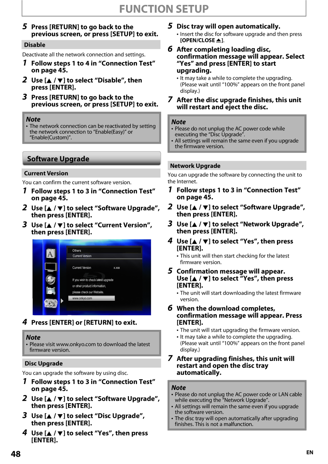 Onkyo BD-SP807 instruction manual Software Upgrade, Disc tray will open automatically, Press Enter or Return to exit 