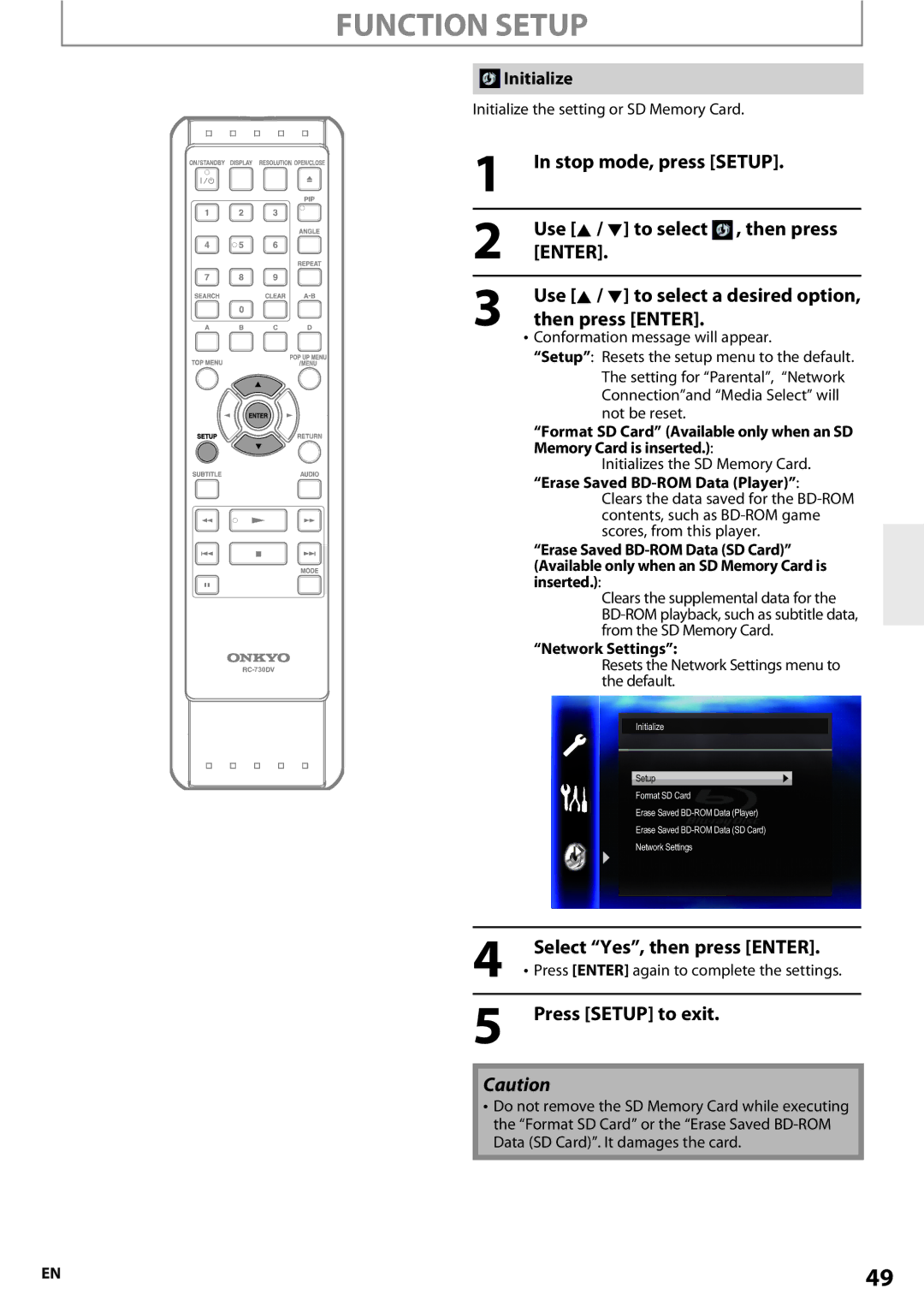 Onkyo BD-SP807 instruction manual Then press Enter, Initialize, Use K / L to select a desired option 