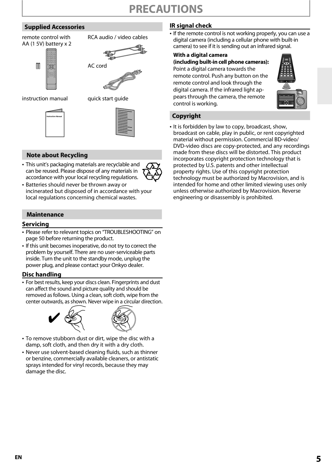 Onkyo BD-SP807 instruction manual Supplied Accessories, Maintenance Servicing, Disc handling, IR signal check, Copyright 