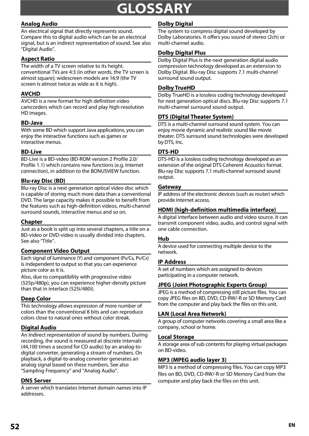 Onkyo BD-SP807 instruction manual Glossary 