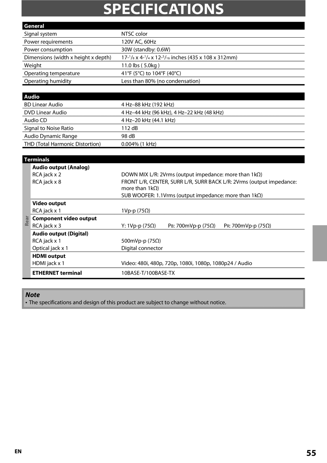 Onkyo BD-SP807 instruction manual Specifications, General, Terminals 